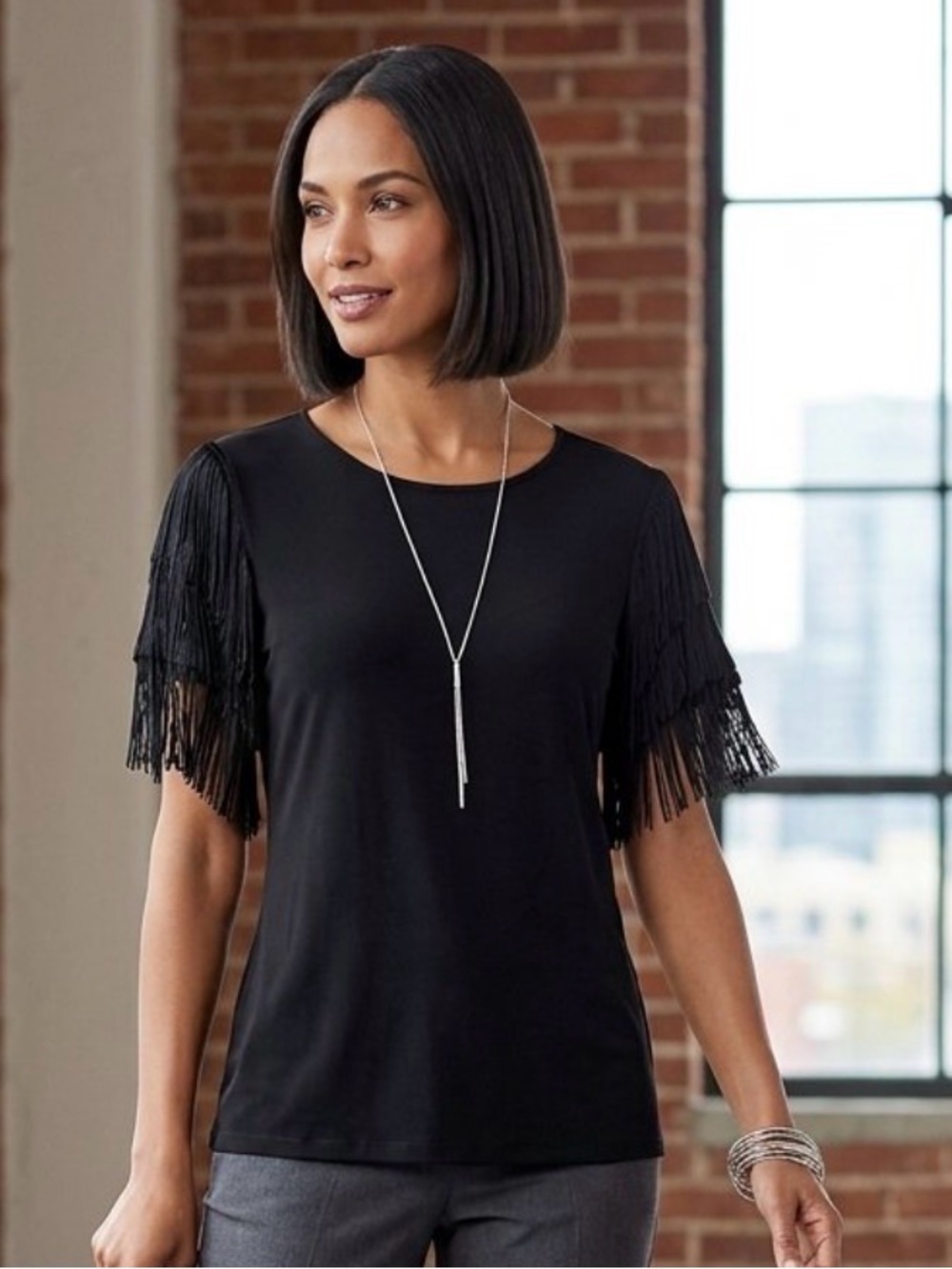 Spense Silky Knit Top with Fringe Sleeves